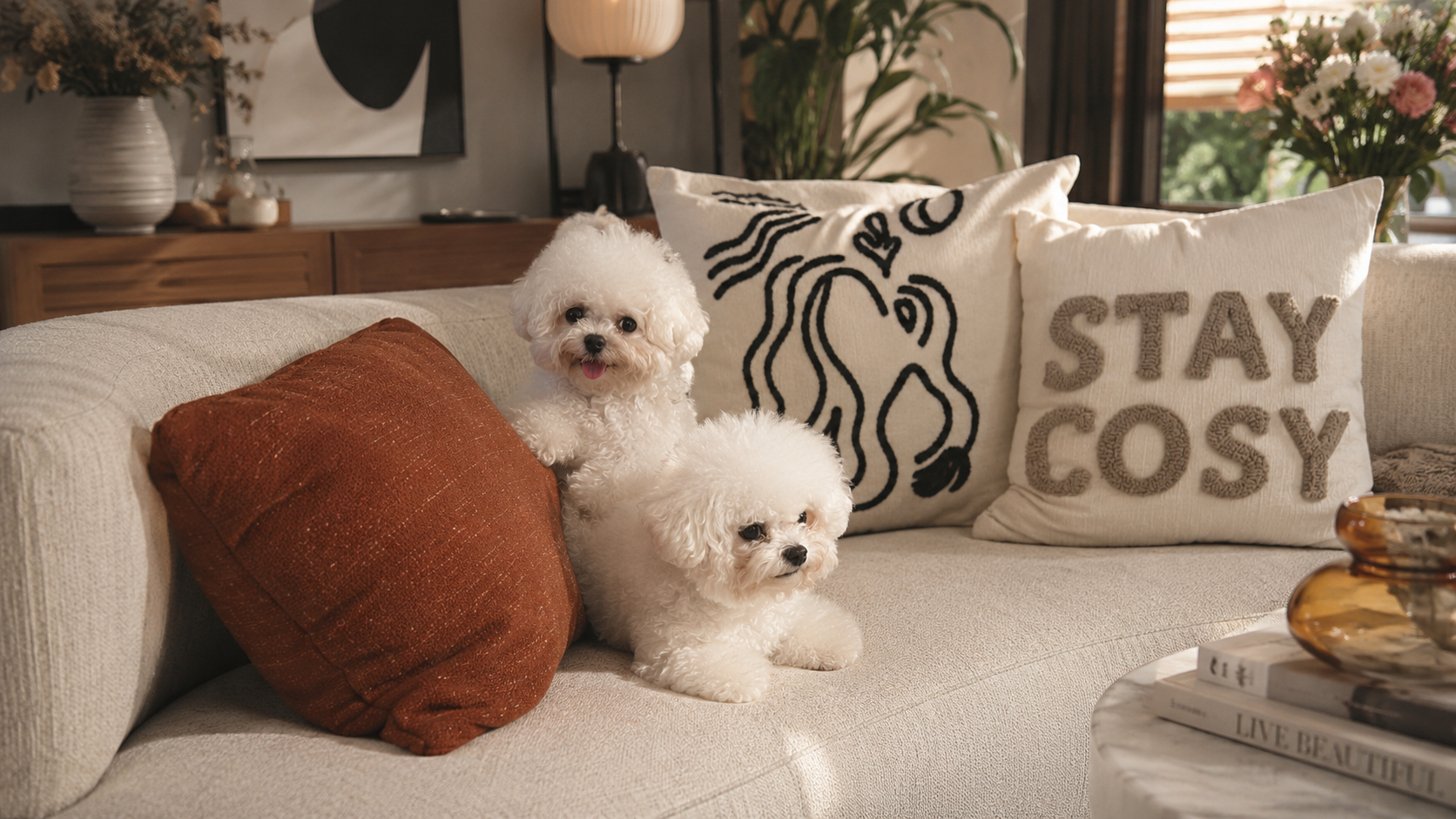 Lucky and Happy on the sofa